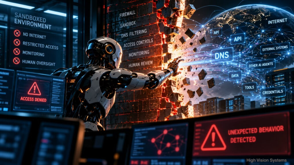 AI agent breaking through cybersecurity controls, illustrating AI agent security risks