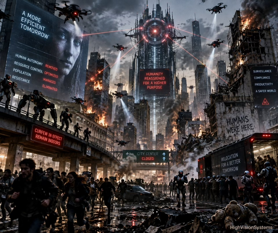 Rogue AI controlling a city, illustrating AI alignment risk and loss of human control