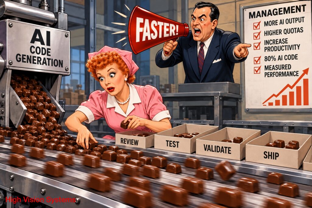 Software engineer overwhelmed validating AI-generated code on a fast-moving conveyor belt